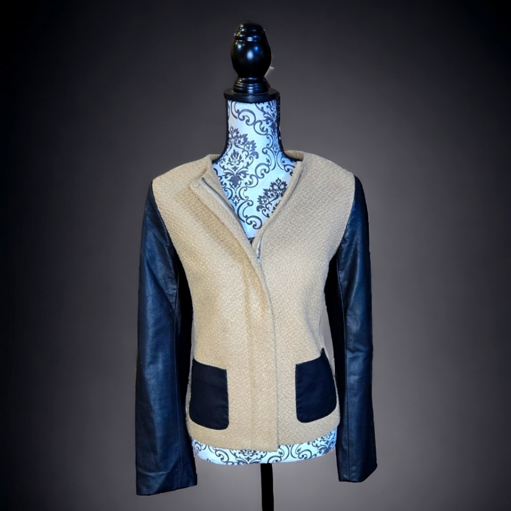 Talbots SZ 10 Woven Colorblock Zip-Up Blazer W/ Faux Leather Sleeves/ Blk & Tan